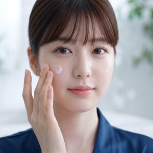 Woman applying face cream to her cheek representing hydrating skincare for dryness.
