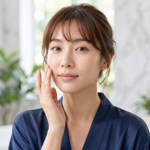 Woman gently touching her face representing gentle skincare for sensitive skin.