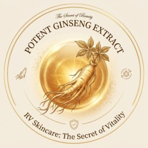 RV SkinCare ginseng extract ingredient illustration with a golden ginseng root and botanical details.