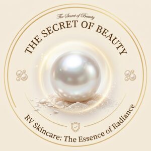 RV SkinCare pearl powder ingredient visual featuring a luminous white pearl on an ivory and gold background.